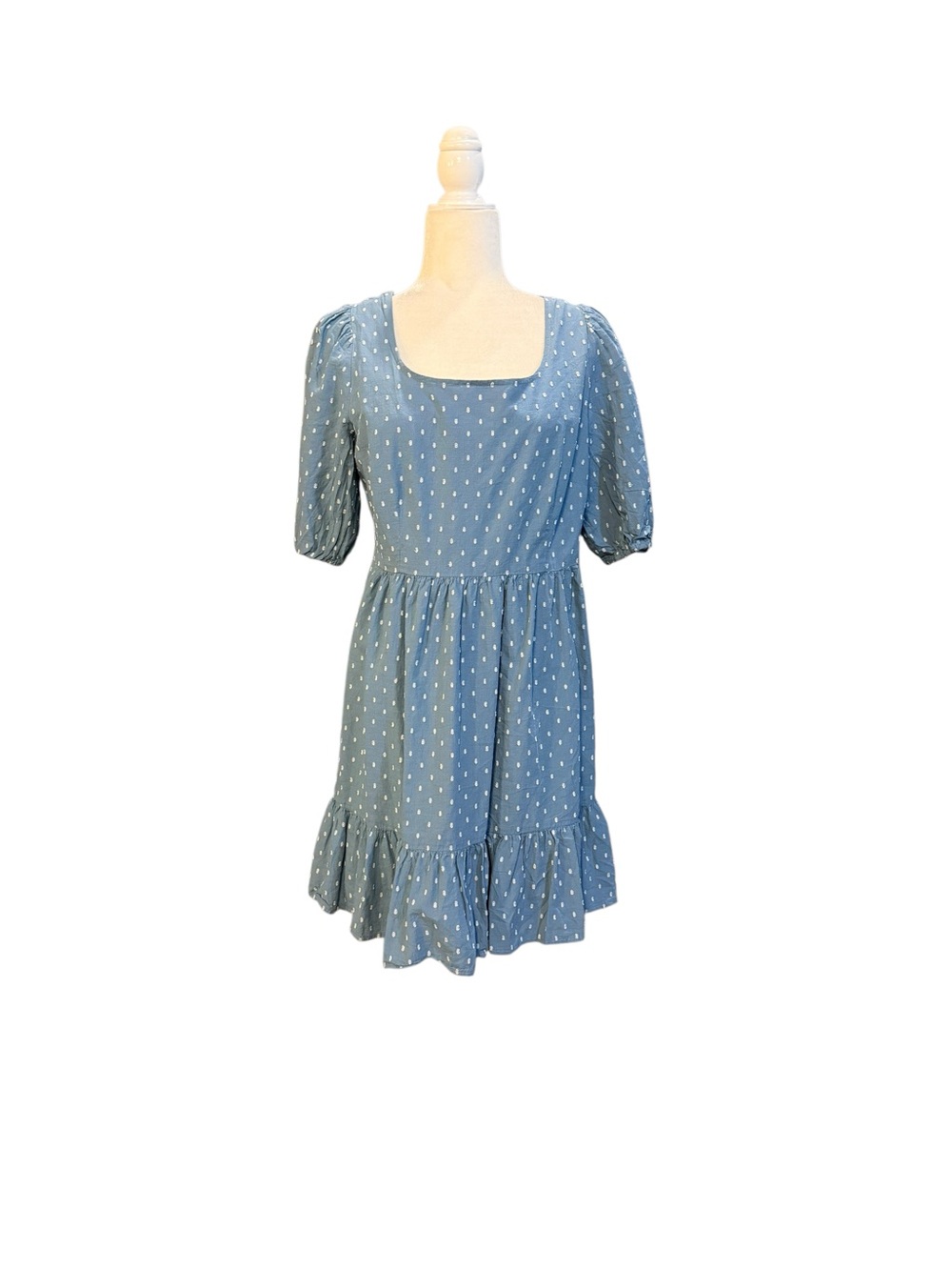 LOFT Cottagecore Blue Chambray Square-Neck Puff Sleeve Mini Dress Size 10 - Picture 4 of 9